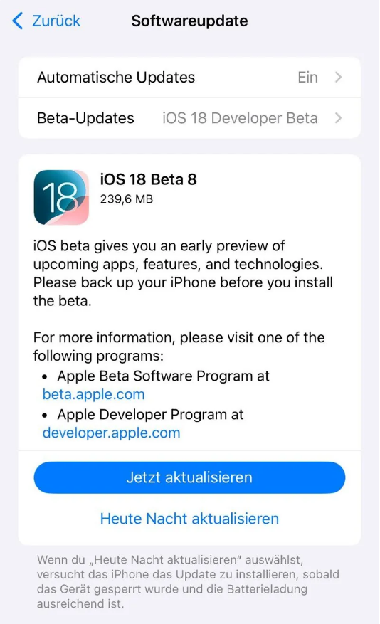 漳州苹果手机维修分享苹果 iOS / iPadOS 18 开发者预览版 Beta 8 发布 